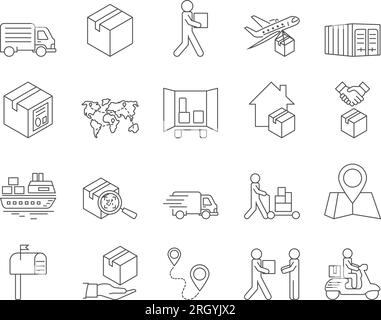 Set di icone di spedizione e consegna. Cargo, Logistica, Parcel. Tratto modificabile. Raccolta vettoriale icone semplici Illustrazione Vettoriale
