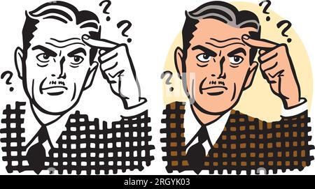Un cartone animato retrò d'epoca in cui un uomo pensa e pensa a una domanda. Illustrazione Vettoriale