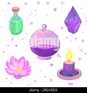 Set di oggetti magici fiasca di vetro viola fiala verde fiore di candela di cristallo con pozione. Elisir magico. Attributi da strega. Alchimia, spiritualità, chemistr Illustrazione Vettoriale