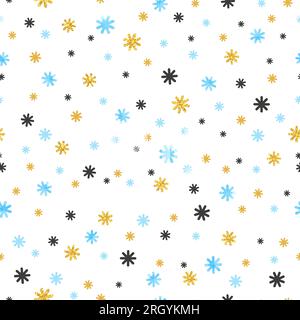 Motivo fiocchi di neve senza cuciture nei colori blu, nero e oro. Sfondo natalizio. Carta da imballaggio. Illustrazione Vettoriale
