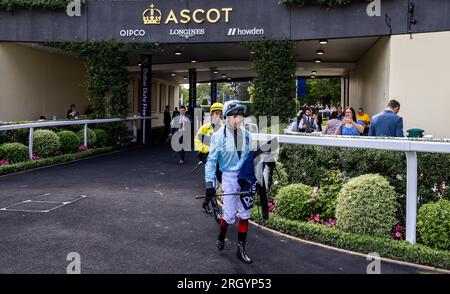 Jockey Frankie Dettori durante la giornata di Dubai Duty Free Shergar Cup all'ippodromo di Ascot. Data foto: Sabato 12 agosto 2023. Foto Stock