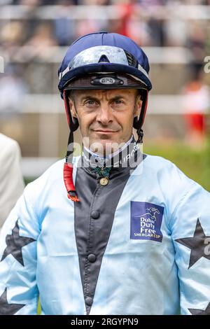 Jockey Olivier Peslier durante la giornata di Dubai Duty Free Shergar Cup all'Ippodromo di Ascot. Data foto: Sabato 12 agosto 2023. Foto Stock