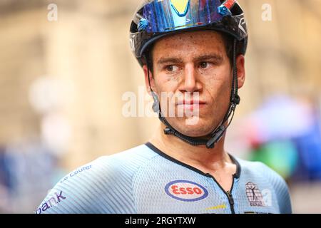 Glasgow, Regno Unito. 12 agosto 2023. Il belga Alec Segaert nella foto dopo la gara su strada maschile U23 ai Campionati del mondo di ciclismo UCI, a Glasgow, in Scozia, sabato 12 agosto 2023. L'UCI organizza i mondi con tutte le discipline ciclistiche, ciclismo su strada, ciclismo al chiuso, mountain bike, corse BMX, paracycling su strada e paracycling al coperto, a Glasgow dal 05 al 13 agosto. BELGA PHOTO DAVID PINTENS Credit: Belga News Agency/Alamy Live News Foto Stock