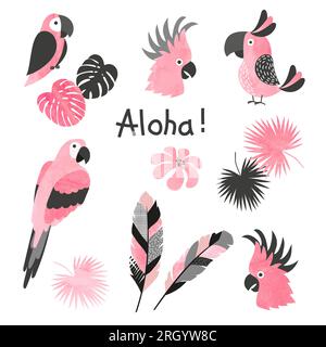 Set di graziosi pappagalli rosa ad acquerello. Raccolta vettoriale di uccelli tropicali e foglie di palma. Illustrazione Vettoriale