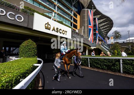 Empirestateofmind guidato dal fantino Frankie Dettori dopo la Dubai Duty Free Shergar Cup Challenge durante la giornata di Dubai Duty Free Shergar Cup all'Ippodromo di Ascot. Data foto: Sabato 12 agosto 2023. Foto Stock