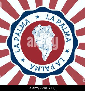La Palma Badge. Logo rotondo dell'isola con mappa triangolare e raggi radiali. Vettore EPS10. Illustrazione Vettoriale