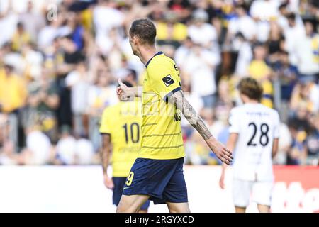 Bruxelles, Belgio. 12 agosto 2023. Gustaf Nilsson dell'Union raffigurato durante una partita di calcio tra Royale Union Saint-Gilloise e OH Leuven, sabato 12 agosto 2023 a Bruxelles, il giorno 3/30 della prima divisione del campionato belga "Jupiler Pro League" del 2023-2024. BELGA PHOTO TOM GOYVAERTS Credit: Belga News Agency/Alamy Live News Foto Stock