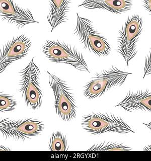 Motivo senza cuciture con piume pavone disegnate a mano. Illustrazione Vettoriale