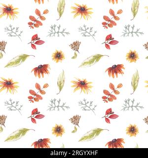 Motivo senza cuciture di foglie autunnali, fiori e bacche disegnate a mano. Foto Stock