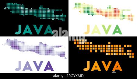 Mappa Java. Raccolta di mappe di Java in stile punteggiato. Bordi dell'isola pieni di rettangoli per il tuo progetto. Illustrazione vettoriale. Illustrazione Vettoriale