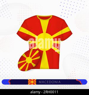 Maglia da rugby della Macedonia del Nord con pallone da rugby della Macedonia del Nord sullo sfondo sportivo astratto. Design Jersey. Illustrazione Vettoriale