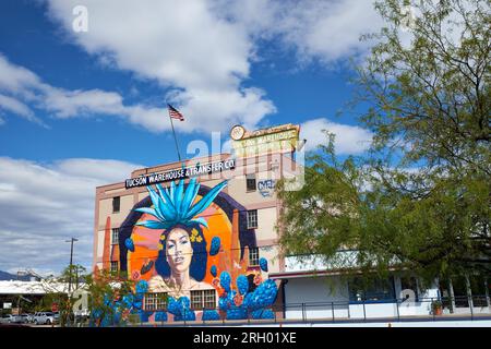 Tucson, Arizona, USA. 27 marzo 2017. Il murale ''Dea di Agave'' dipinto da Rock 'CYFI'' Martinez nel 2016. È diventato un simbolo iconico di Tucson. (Immagine di credito: © Ian L. Sitren/ZUMA Press Wire) SOLO USO EDITORIALE! Non per USO commerciale! Foto Stock