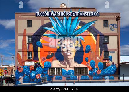 Tucson, Arizona, USA. 27 marzo 2017. Il murale ''Dea di Agave'' dipinto da Rock 'CYFI'' Martinez nel 2016. È diventato un simbolo iconico di Tucson. (Immagine di credito: © Ian L. Sitren/ZUMA Press Wire) SOLO USO EDITORIALE! Non per USO commerciale! Foto Stock