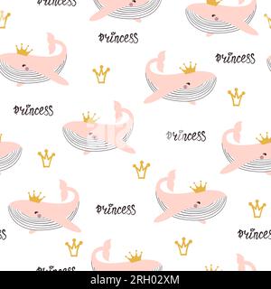 Modello principessa senza cuciture. Baby print con graziose balene rosa. Illustrazione Vettoriale