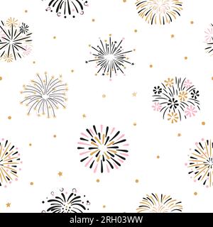 Modello vettoriale senza interruzioni con fuochi d'artificio disegnati a mano. Illustrazione Vettoriale