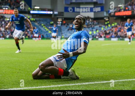 Glasgow, Regno Unito. 12 agosto 2023. Nella loro prima partita in casa della Scottish Premiership della stagione, i Rangers giocarono Livingston, allo stadio Ibrox, Glasgow, Scozia, REGNO UNITO. Crediti: Findlay/Alamy Live News Foto Stock