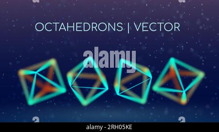 4 ottaedroni con bordi da diversi angoli di visione. Profondità di campo. Visualizzazione di gemme o forme geometriche Illustrazione Vettoriale