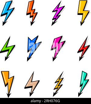 Icone colorate con fulmine isolate su bianco. Simple Icon Storm o Thunder e Lightning Strike. Simbolo flash, Thunderbolt. Semplice Cartoon Lightning Illustrazione Vettoriale