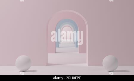 Corridoio ad arco sfondo geometrico semplice, corridoio architettonico, portale, toni pastello tenui. Due palle stanno davanti all'ingresso. Orien moderno Foto Stock