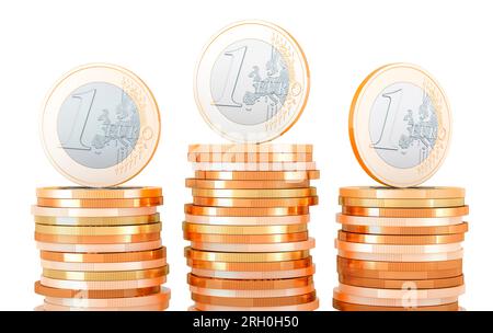 Monete in euro con pile di monete d'oro, rendering 3D isolato su sfondo bianco Foto Stock