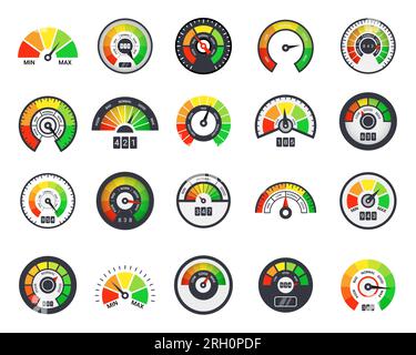 Indicatore del tachimetro. Punteggio di credito. Scala minima o massima. Indicatore rate level con freccia. Livello di soddisfazione del cliente basso o alto. Selettore di avanzamento. Misuraz. Velocità Illustrazione Vettoriale