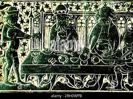 Il Peacock Feast per King Edward 3rd, nel 1349, dettaglio da ottoni a Robert Braunche, St. Margaret's Church, Kings Lynn, Norfolk, Inghilterra Foto Stock