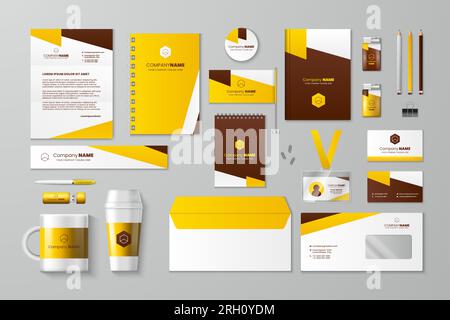 Mockup di cancelleria aziendale. Logo dell'identità del marchio aziendale. Documento intestato e busta. Scheda visita. Brochure cartacea. Tazza da caffè. Bandiera gialla. Offi Illustrazione Vettoriale
