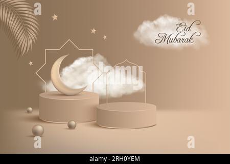 Podio 3d islamico. EID mubarak, poster ramadan, minimalista islam adha e iftar, banner ramadhan kareem con spazio per la presentazione del prodotto. Piattaforma Illustrazione Vettoriale