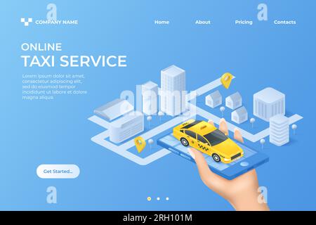 Pagina di atterraggio dei taxi. Banner dell'applicazione Web isometrica. Telefono con auto in mostra. Taxi cittadino giallo. Navigazione stradale. Percorso urbano. Smartphone in mano. Automobil Illustrazione Vettoriale