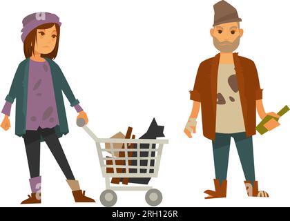 Persone senzatetto con bottiglia di alcool vettore Illustrazione Vettoriale