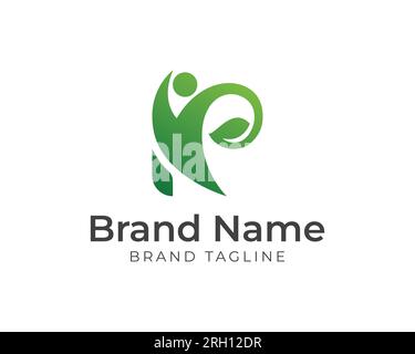 Lettera R LEAF naturale fitness salute e fit logo. Logo lettera R sotto forma di persona adatta. modello di logo natural fitness and wellness. Illustrazione Vettoriale