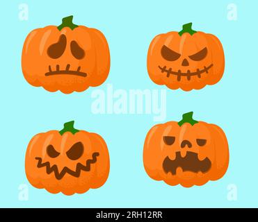 Zucche di Halloween. Facce di Jack arrabbiate o tristi. Vacanze autunnali. Decorazioni vegetali di ottobre. Lanterna spettrale tradizionale. Espressioni facciali spaventose. Orang Illustrazione Vettoriale