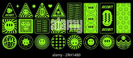 Y2K sorride. Adesivi psichedelici. Superficie acida Trippy e grafica "cool melt". Forme luminose geometriche degli anni '90 felici. Design surreale. Emoji aliena. Verde neon c Illustrazione Vettoriale