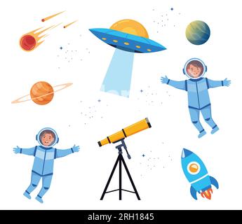 Cartoni animati per bambini e galassia. Oggetti spaziali, telescopio, astronauti, razzo, disco volante, pianeti cometa illusione vettoriale Illustrazione Vettoriale