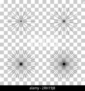 Insieme di linee radianti convergenti icona burst, elemento sunburst geometrico, illustrazione del vettore della forma del sole . Illustrazione Vettoriale