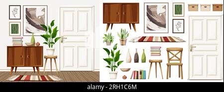 Interni scandinavi con pareti e porte bianche, comò, pianta di casa e dipinti. Set di mobili. Costruttore di interni. Illu. Vettoriale cartone animato Illustrazione Vettoriale