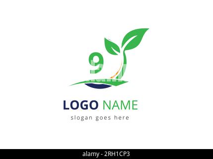 Ecologia salute sulla lettera 9 Logo ecologico biologico fresco, agricoltura agricola verdure logo Design modello vettore Illustrazione Vettoriale