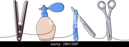Strumenti per parrucchieri disegno continuo a colori su una linea. Piastra per capelli, spruzzatore di profumi, lama per rasoio, forbici, illustrazione continua a una riga. Illustrazione Vettoriale