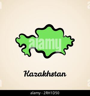Mappa verde semplificata del Kazakistan con contorno nero. Illustrazione Vettoriale