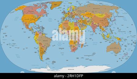 Alto dettagli mappa del mondo politico naturale terra proiezione 2 Illustrazione Vettoriale