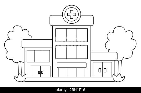 Icona di edificio ospedaliero Vector in bianco e nero con alberi isolati su sfondo bianco. Illustrazione della linea piatta della clinica medica. Concetto di assistenza sanitaria o c Illustrazione Vettoriale