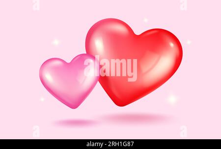 Icone vettoriali di cuori rosa e rosso per San Valentino in realistico stile 3D. Banner Vector Realistic con cuore su sfondo rosa. Illustrazione Vettoriale
