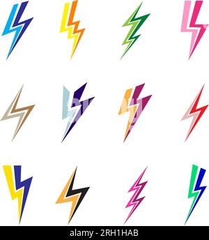 Icone colorate Lightning Bolt. Simple Icon Storm o Thunder e Lightning Strike. Simbolo flash, Thunderbolt. Semplice cartello con il fulmine del cartone animato Illustrazione Vettoriale