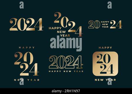 Set di testo con logo Happy New Year 2024. 2024 numeri o etichette con colore oro isolato su sfondo nero. Simbolo di Capodanno Illustrazione Vettoriale