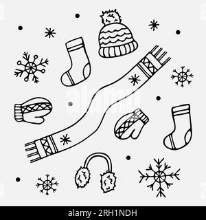 Set di indumenti invernali caldi disegnati a mano. Cappello, sciarpa, calzini, guanti, cuffie invernali in pelliccia e fiocchi di neve. Illustrazione vettoriale in stile doodle. Illustrazione Vettoriale