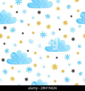 Pattern neve senza cuciture con nuvole ad acquerello e fiocchi di neve. Illustrazione Vettoriale