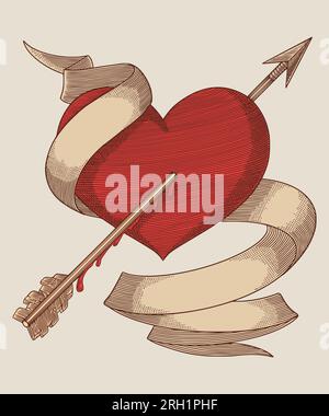 cuore con freccia e banner. Disegno a mano illustrazione di incisioni vintage Illustrazione Vettoriale