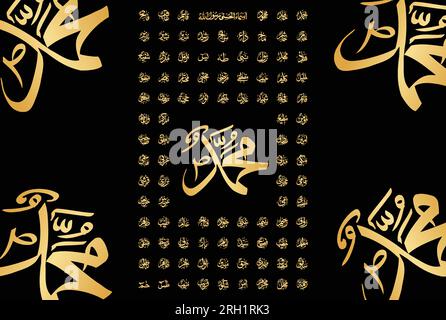 Asma ur Rasool (i nomi del profeta Muhammad Pace siano su di lui). Calligrafia araba vettoriale dorata. Adatto per la stampa, il posizionamento su poster e siti Web Illustrazione Vettoriale
