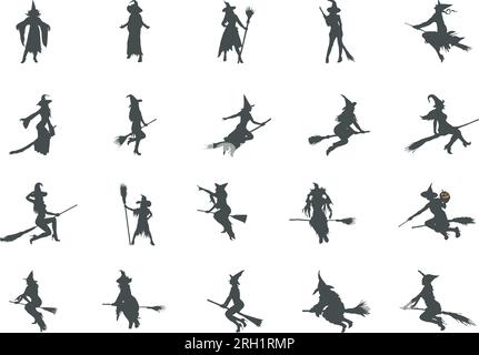 Silhouette streghe, silhouette streghe Halloween, strega Halloween, silhouette streghe femminili, Witch SVG, set vettoriale strega Illustrazione Vettoriale