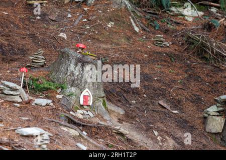 Una foto di un ceppo di alberi con falsi sgabelli e una porta su di esso. Sembra essere stato progettato come una casa Gnome. Questa foto è stata scattata a Queenstown, nuova Zelanda Foto Stock